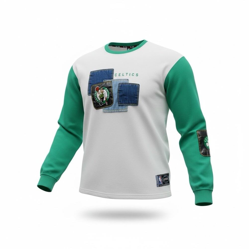 Vintage Style UNK NBA Boston Celtics Sweatshirt Mens 2XL Patchwork Denim Logo